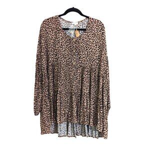 Earl Leopard Print Babydoll Long Sleeve‎ High Low Blouse/Top Tan/Black Size L